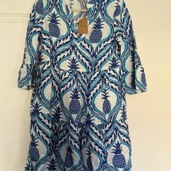 Boden dress NWT 4 Sophia Linen Short Dress Blue Pineapple Print online $235 - Picture 6 of 10